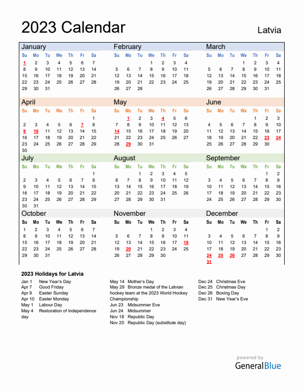 Calendar 2023 with Latvia Holidays