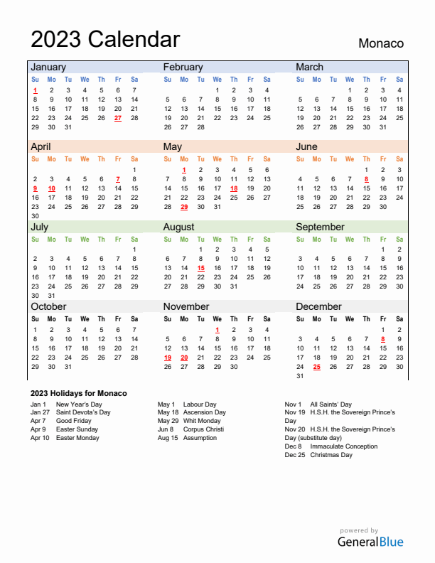 Calendar 2023 with Monaco Holidays