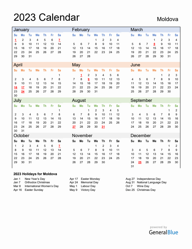 Calendar 2023 with Moldova Holidays