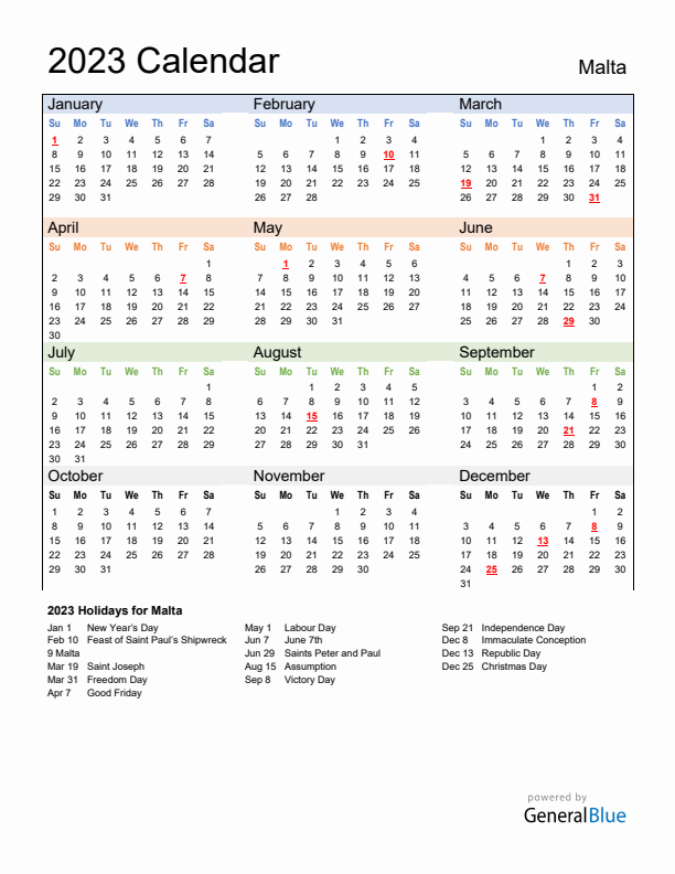 Calendar 2023 with Malta Holidays