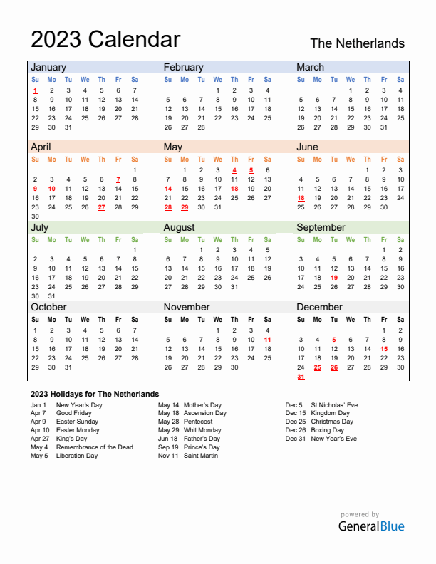 Calendar 2023 with The Netherlands Holidays