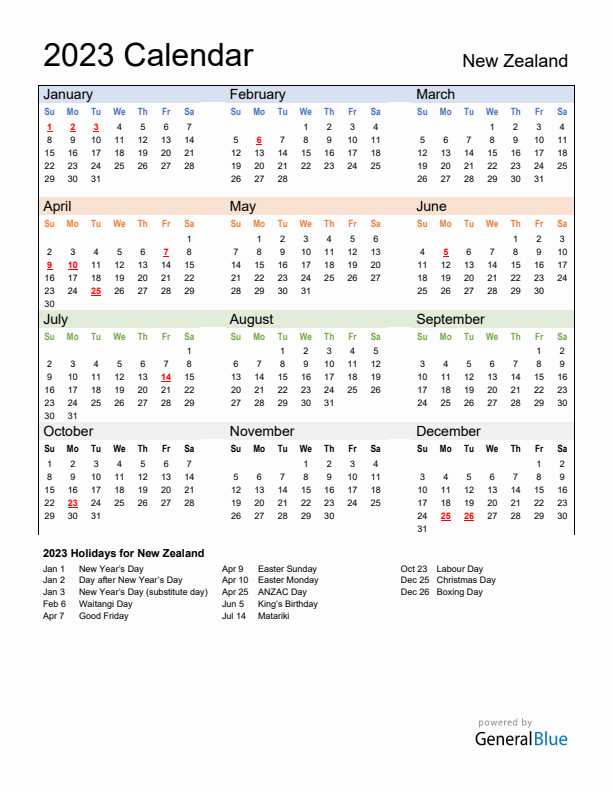 Calendar 2023 with New Zealand Holidays