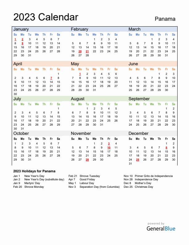 Calendar 2023 with Panama Holidays