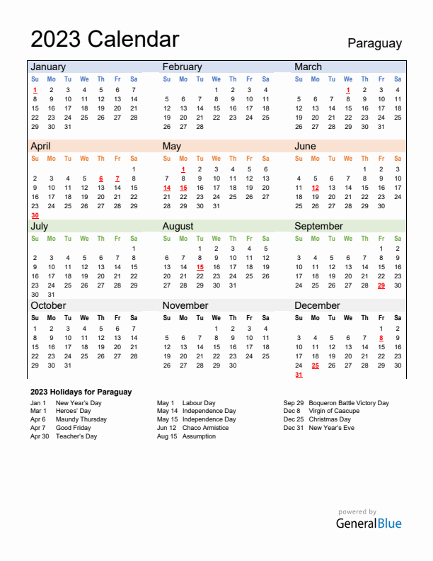 Calendar 2023 with Paraguay Holidays