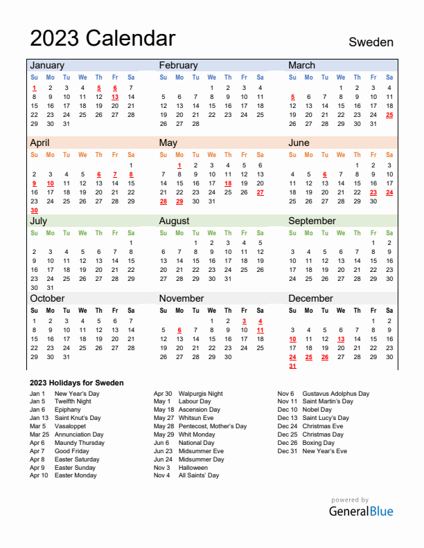 Calendar 2023 with Sweden Holidays