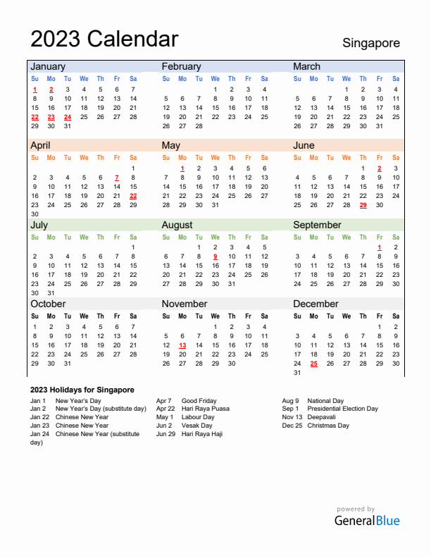 Calendar 2023 with Singapore Holidays