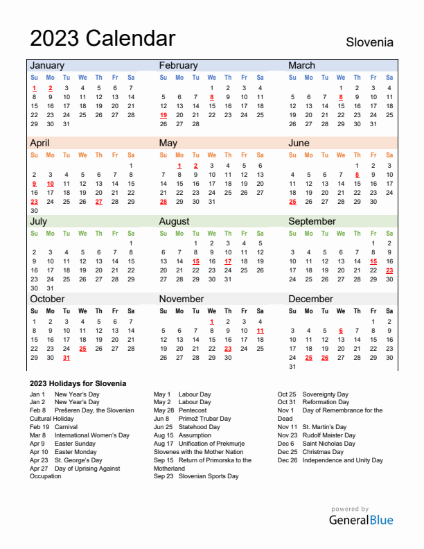 Calendar 2023 with Slovenia Holidays