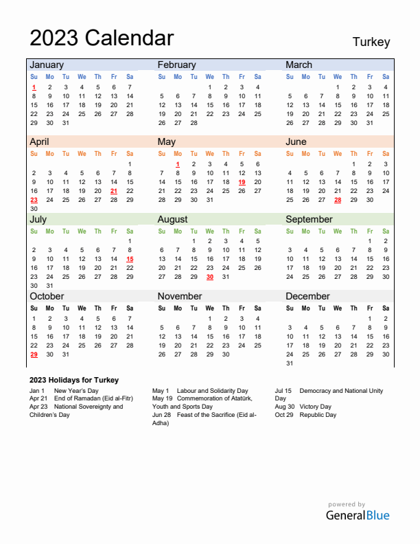 Calendar 2023 with Turkey Holidays