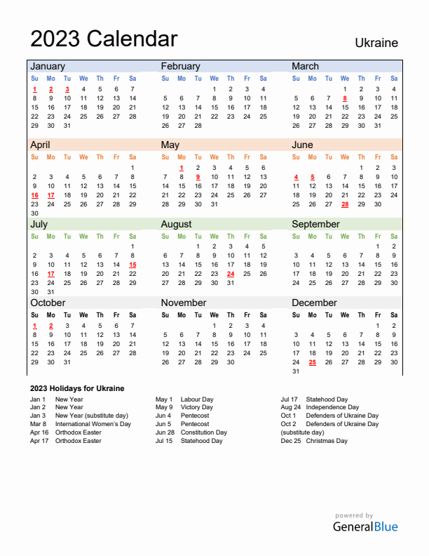 Calendar 2023 with Ukraine Holidays