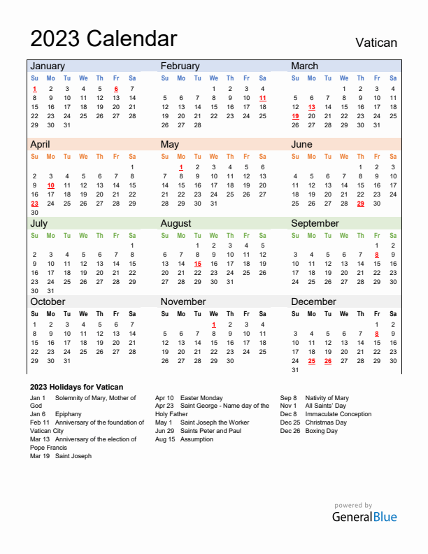 Calendar 2023 with Vatican Holidays