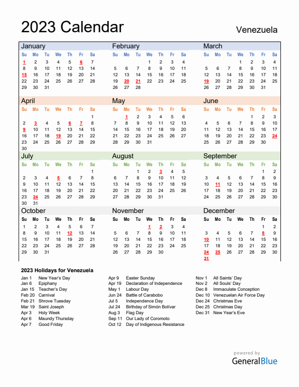 Calendar 2023 with Venezuela Holidays