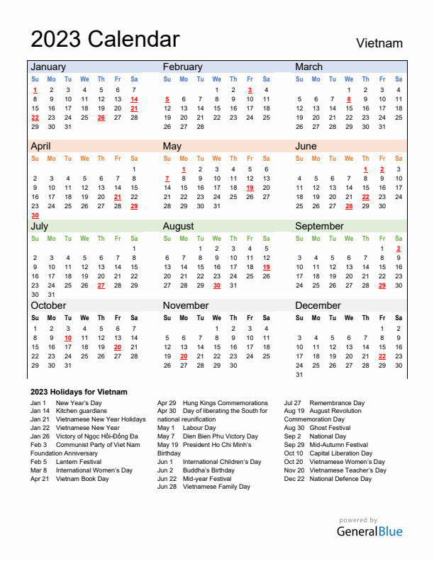 Calendar 2023 with Vietnam Holidays