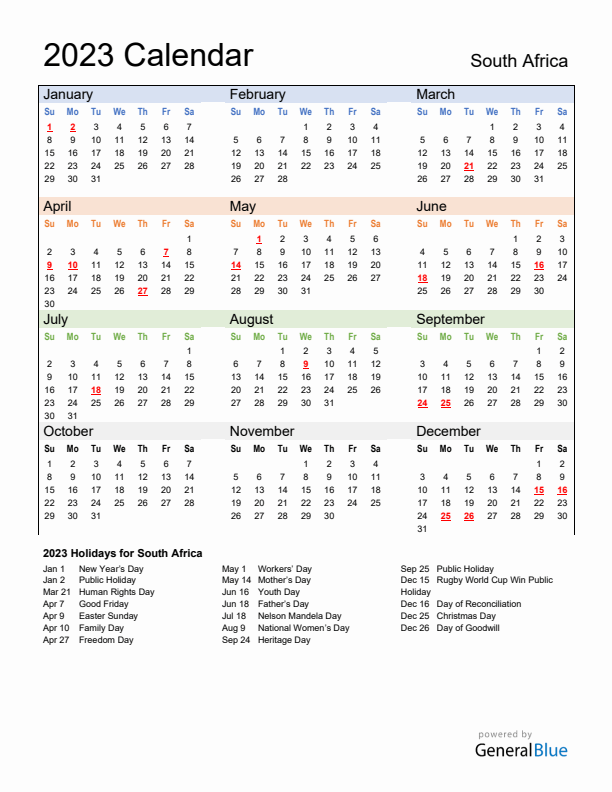 Calendar 2023 with South Africa Holidays