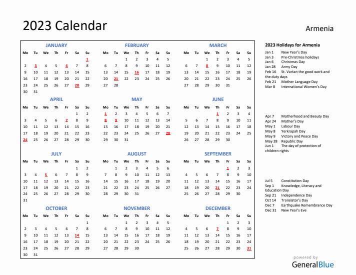 2023 Calendar with Holidays for Armenia