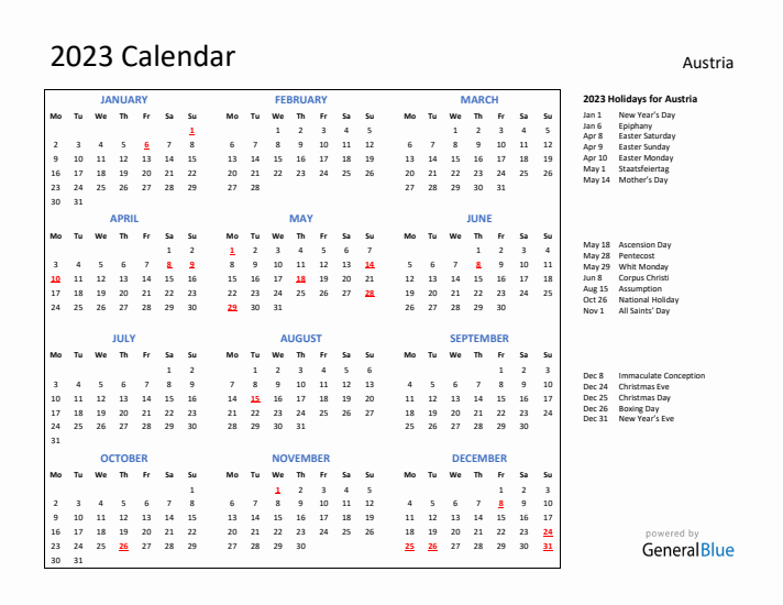 2023 Calendar with Holidays for Austria