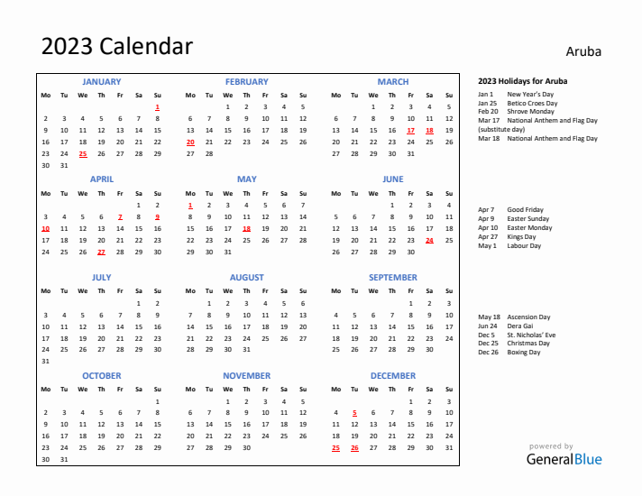 2023 Calendar with Holidays for Aruba