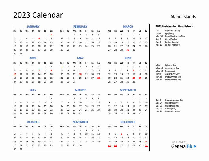 2023 Calendar with Holidays for Aland Islands