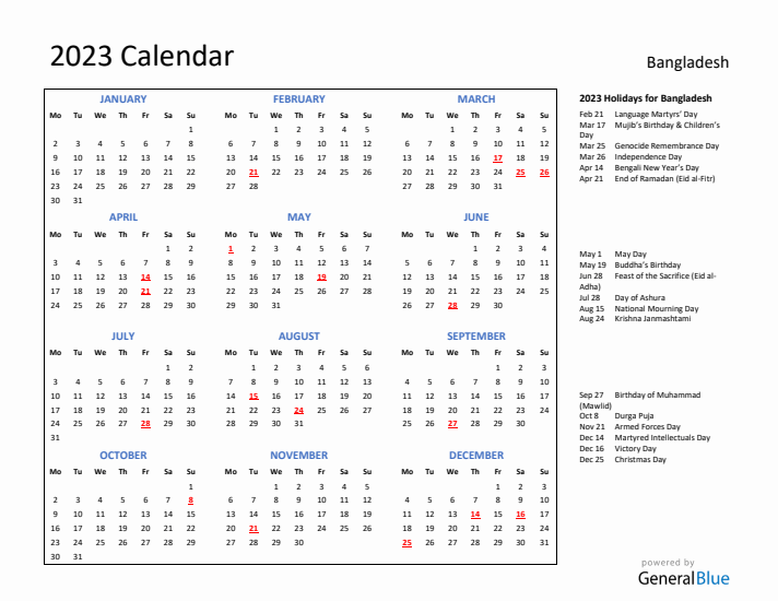 2023 Calendar with Holidays for Bangladesh