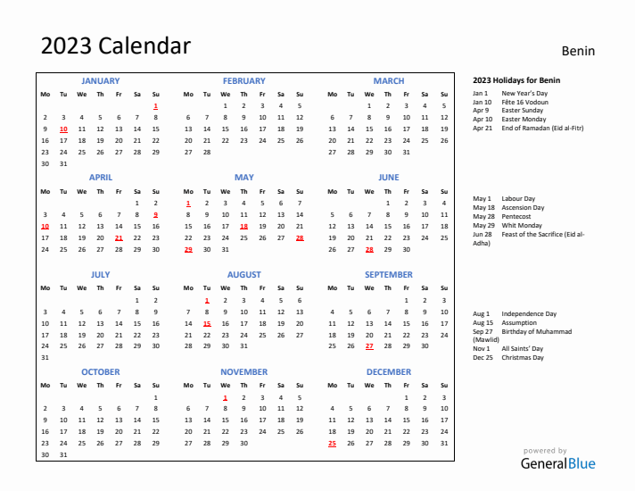 2023 Calendar with Holidays for Benin