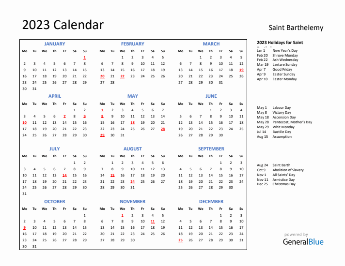 2023 Calendar with Holidays for Saint Barthelemy