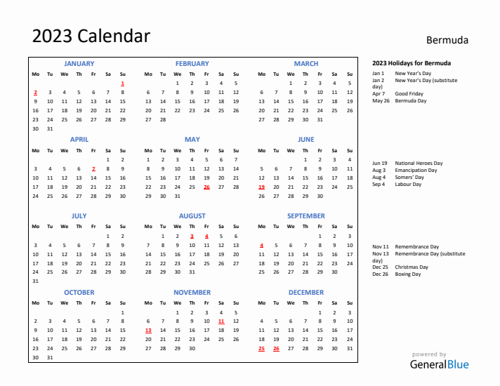 2023 Calendar with Holidays for Bermuda