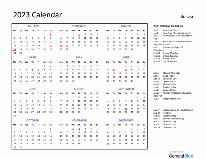 2023 Calendar with Holidays for Bolivia