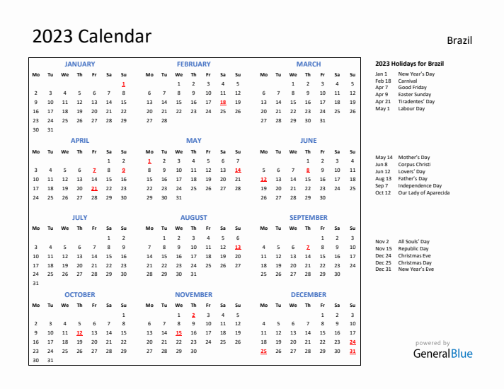 2023 Calendar with Holidays for Brazil