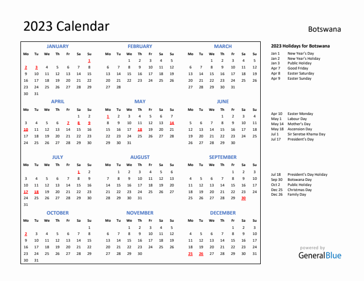 2023 Calendar with Holidays for Botswana