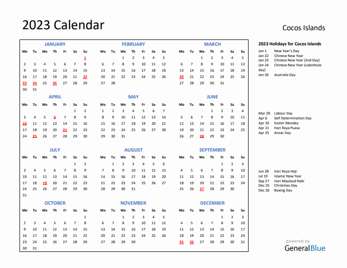 2023 Calendar with Holidays for Cocos Islands