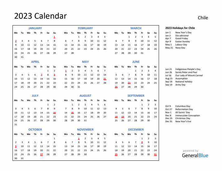 2023 Calendar with Holidays for Chile