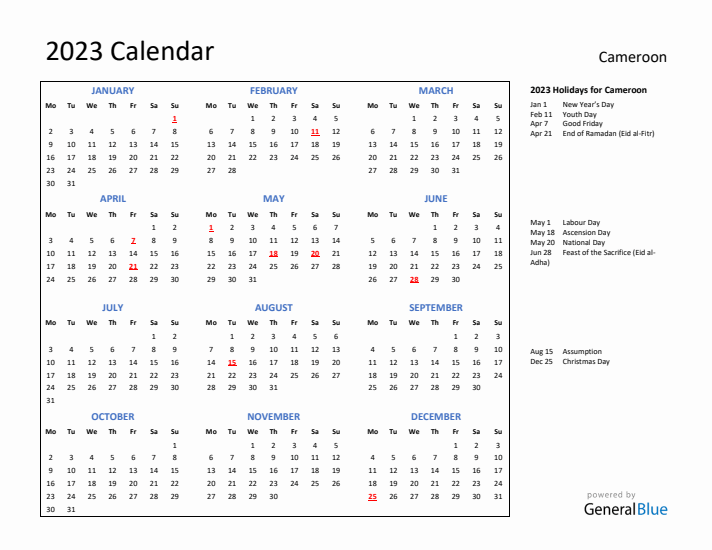 2023 Calendar with Holidays for Cameroon