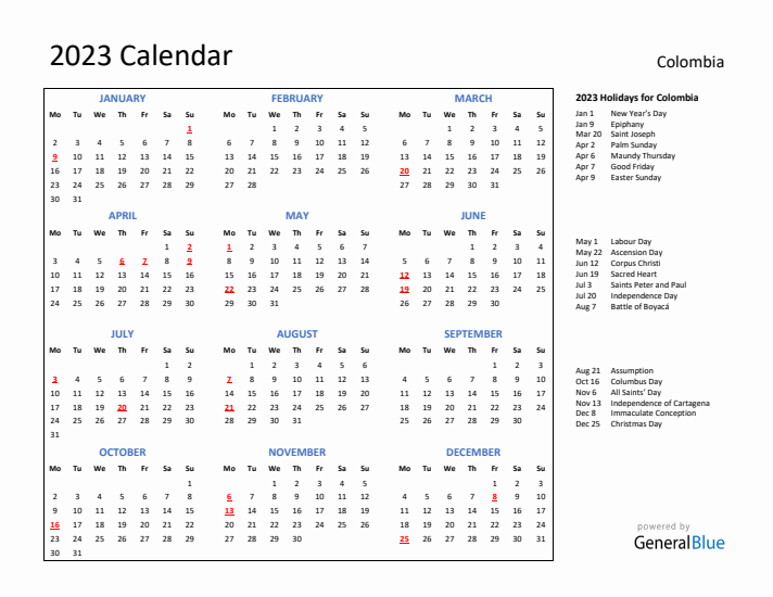 2023 Calendar with Holidays for Colombia