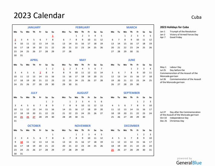 2023 Calendar with Holidays for Cuba