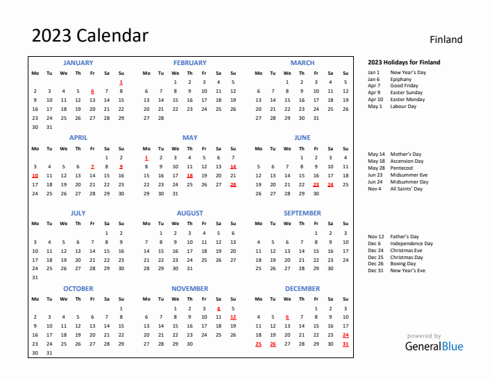 2023 Calendar with Holidays for Finland