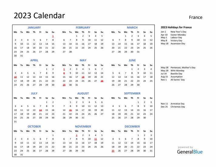 2023 Calendar with Holidays for France