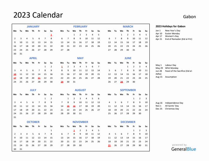 2023 Calendar with Holidays for Gabon