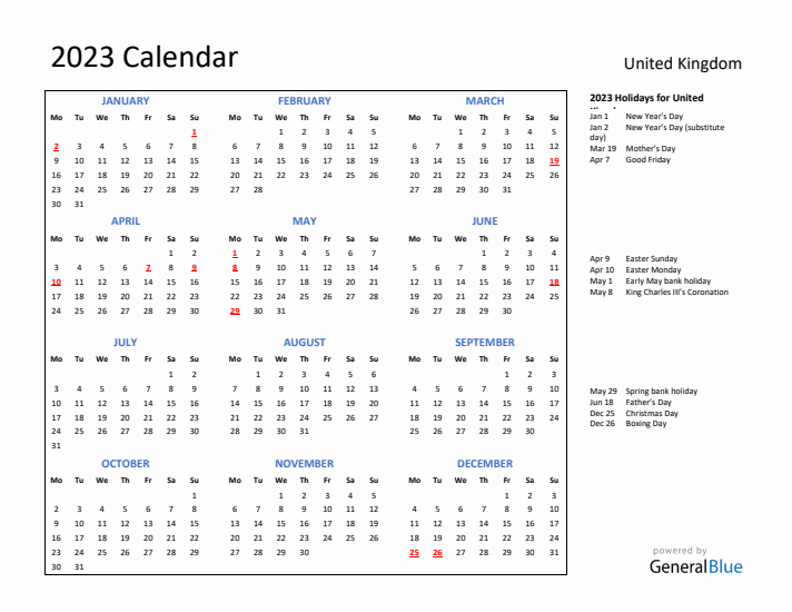 2023 Calendar with Holidays for United Kingdom