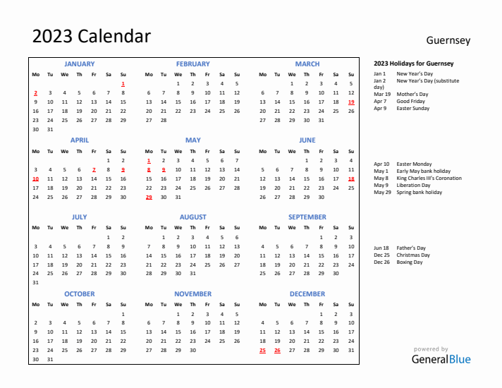 2023 Calendar with Holidays for Guernsey