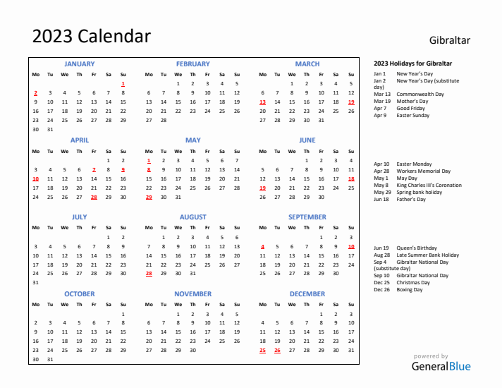 2023 Calendar with Holidays for Gibraltar