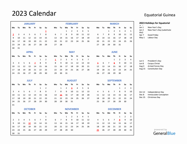 2023 Calendar with Holidays for Equatorial Guinea