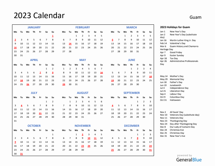 2023 Calendar with Holidays for Guam