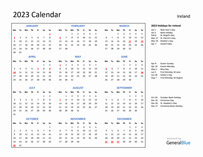 2023 Calendar with Holidays for Ireland