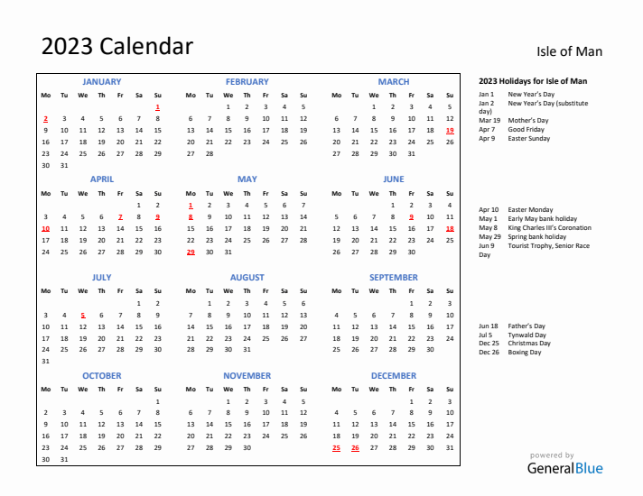 2023 Calendar with Holidays for Isle of Man