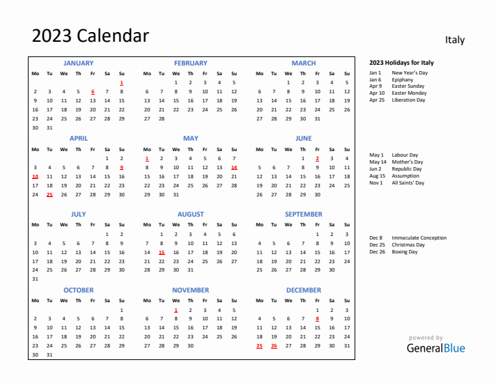 2023 Calendar with Holidays for Italy