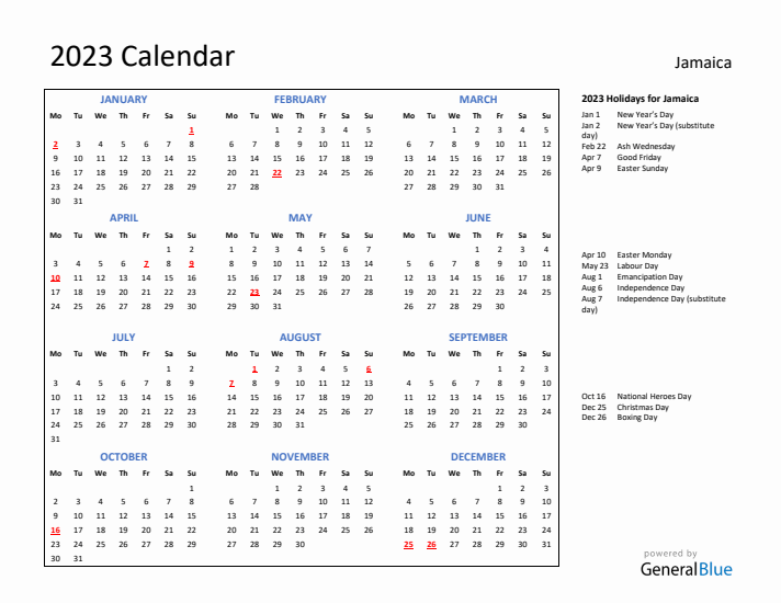 2023 Calendar with Holidays for Jamaica