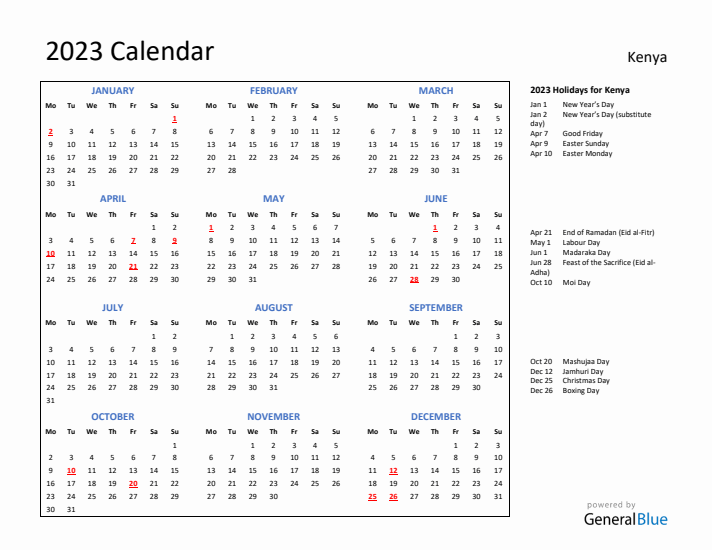 2023 Calendar with Holidays for Kenya