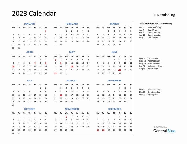 2023 Calendar with Holidays for Luxembourg