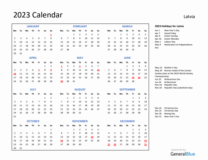 2023 Calendar with Holidays for Latvia