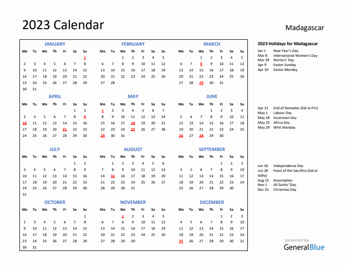 2023 Calendar with Holidays for Madagascar