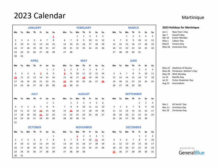 2023 Calendar with Holidays for Martinique